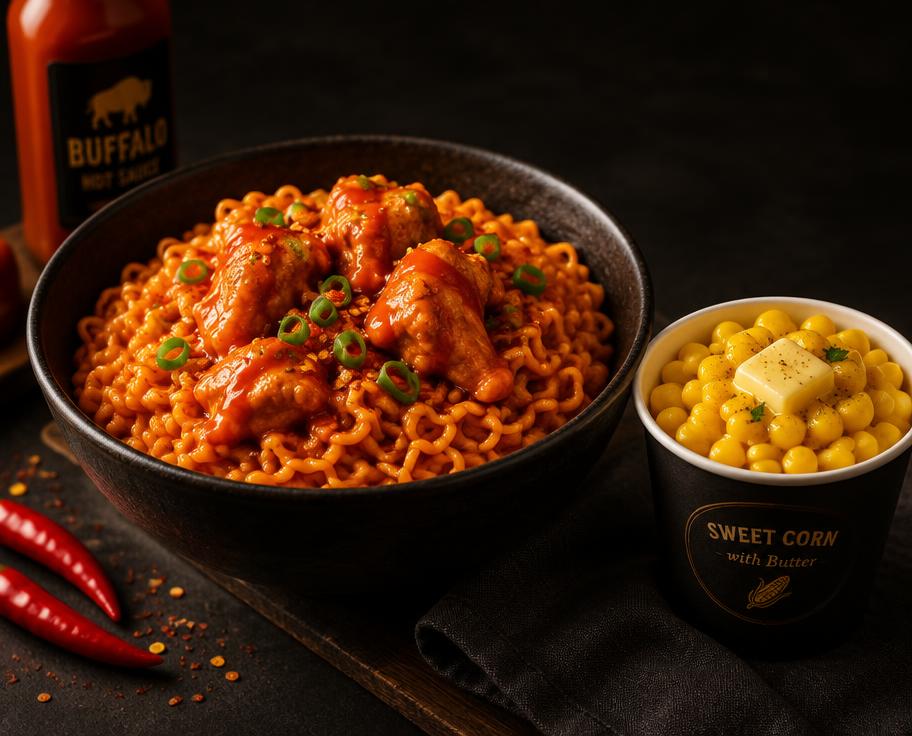 Buffalo Chicken Noodles at Lazy Bites Turaif — إندومي بافلو تشكن